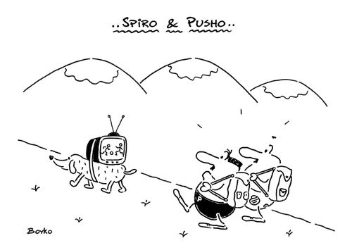 Spiro & Pusho watching TV whilst on a hike.
