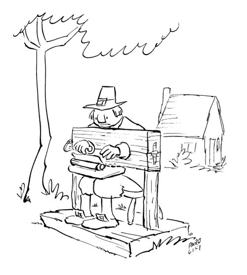 Man in the stocks on his typewriter.