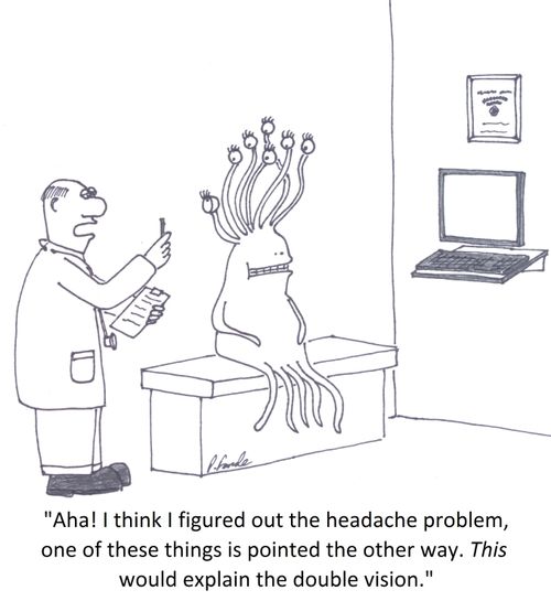 'Aha! I think I figured out the headache problem, one of these things is pointed the other way. This would explain the double vision.'