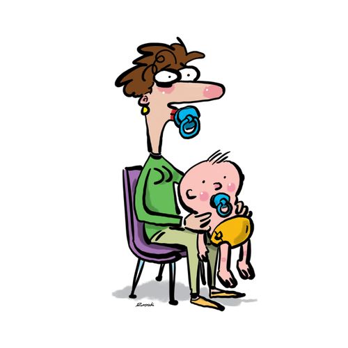 Mum and baby both have pacifier.