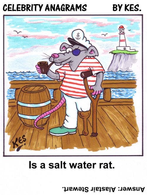 Celebrity anagrams: Is a salt water rat    (Answer: Alastair Stewart)