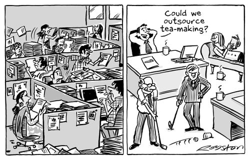 Very busy at Indian call centre. Laid-back in UK office. Man asks: 'Could we outsource tea-making?'