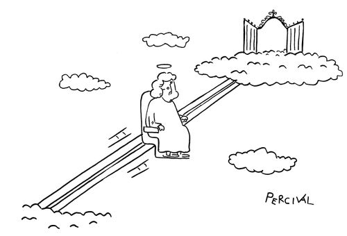 Old lady sitting on a stairlift ascending to the gates of heaven.