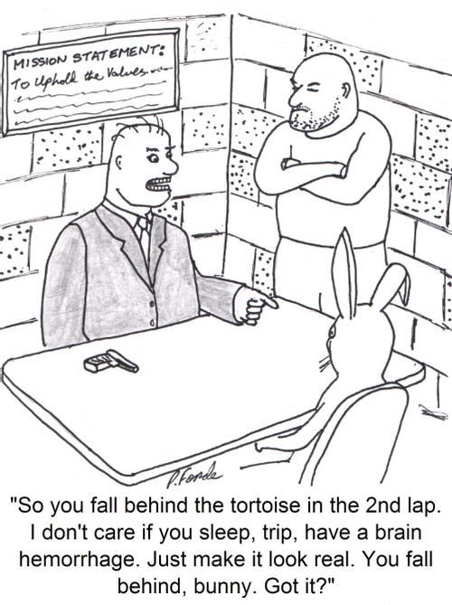 'So you fall behind the tortoise in the 2nd lap. I don't care if you sleep, trip, have a brain haemorrhage. Just make it look real. You fall behind, bunny. Got it?'