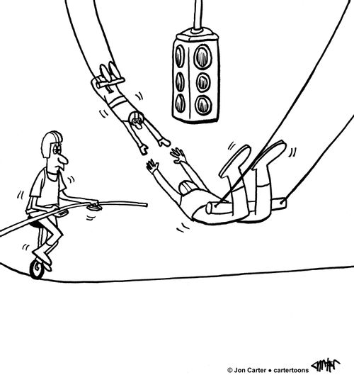 High wire performer has to stop at traffic lights for crossing trapeze artists.