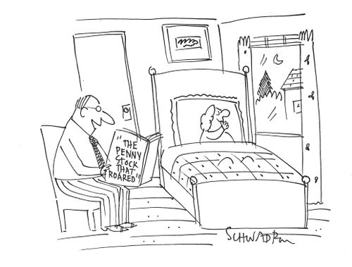Man reading 'The Penny Stock that Roared.'