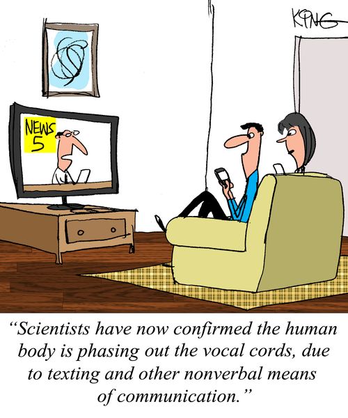 "Scientists have now confirmed the human body is phasing out the vocal cords, due to texting and other nonverbal means of communication."