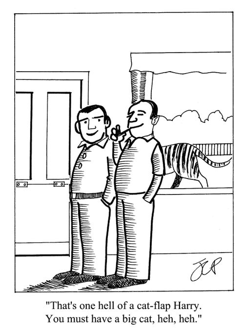 'That's one hell of a cat-flap Harry. You must have a big cat, heh, heh.'