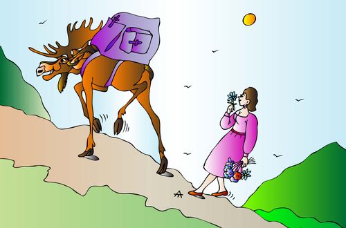 A moose carries a woman's things up a hill.