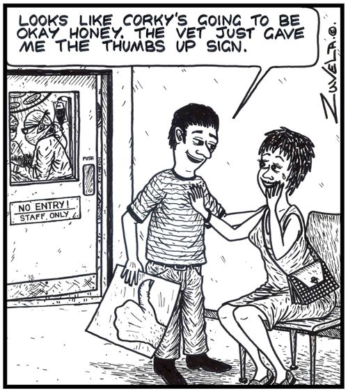 'Looks like Corky's going to be okay honey. The Vet just gave me the thumbs up sign.' A vet has just given a man a large drawing of a thumbs up