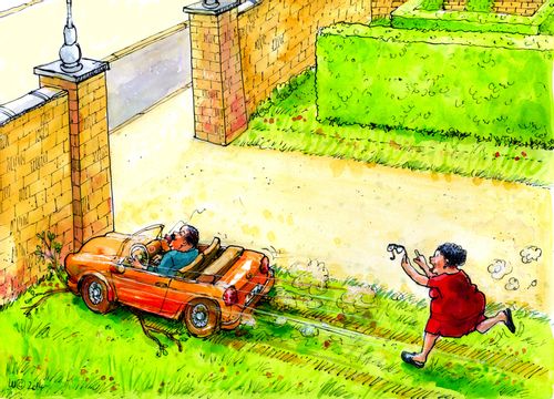 Man crashes his car before leaving the driveway because he forgot his glasses.