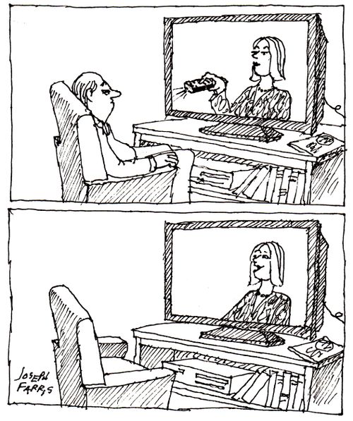Woman on television use the remote control to turn off the viewer.