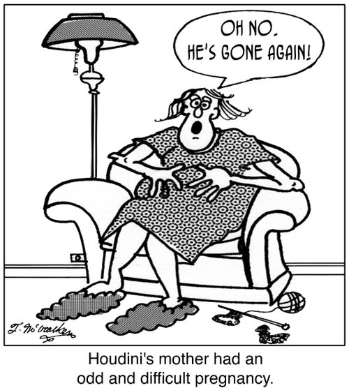 'Houdini's mother had an odd and difficult pregnancy.' 'Oh no. He's gone again!'