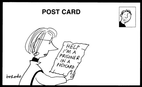 Woman holding note reading 'Help, I'm a prisoner in a postcard.'
