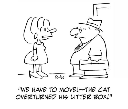 'We have to move! -- the cat overturned his litter box!'