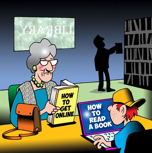 The Generation Gap: Pensioner reads 'How to get Online' and boy reads 'How to Read a Book'.