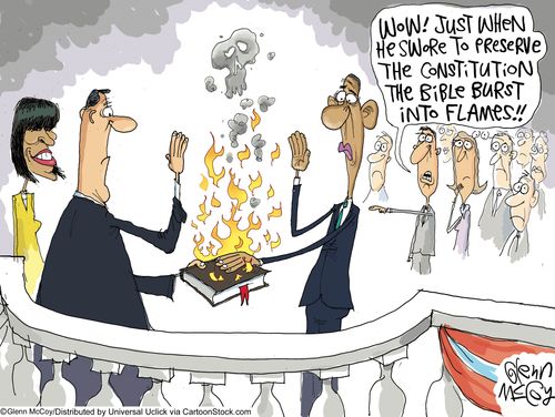 'Wow! Just when he swore to preserve the constitution the bible burst into flames!!'
