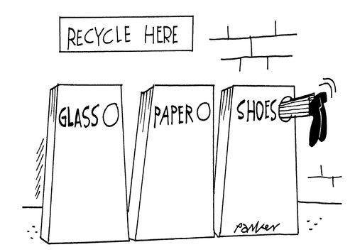 Recycling ,glass,paper,shoes.