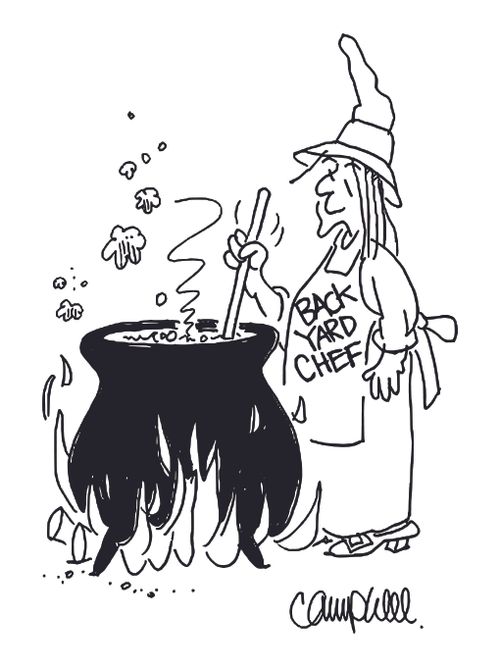 Witch stirring brew wears apron that says: 'Back Yard Chef'.