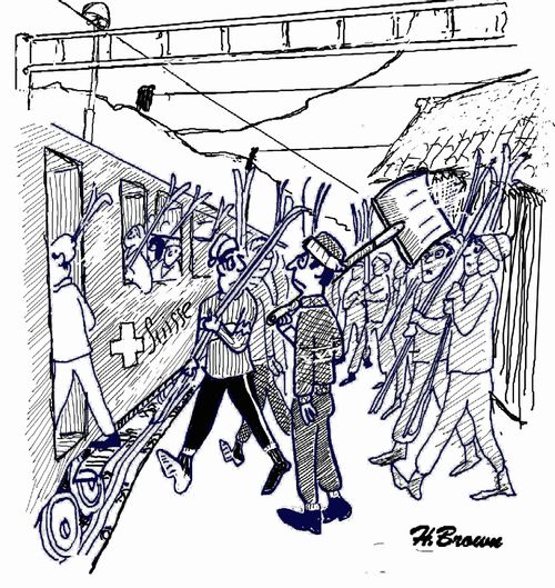 Swiss train in a mountain station, all the passengers are skiers except one man with a snow shovel instead of skis on his shoulder.
