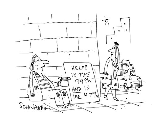 Beggar has sign: 'Help! In the 99% and in the 47%'