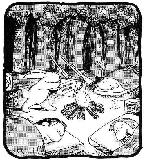 Rabbit putting hunters' shotgun shells on the fire.