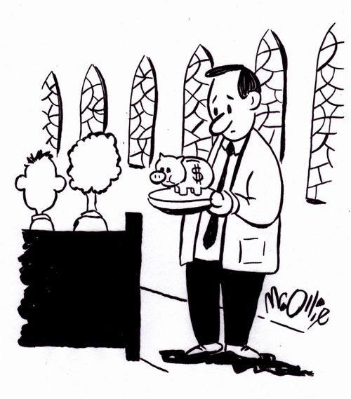 The collection plate at church has a piggy bank on it.