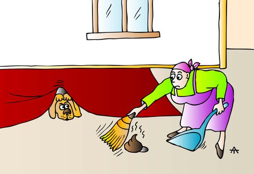 A dog hides under the rug after pooping on the floor.