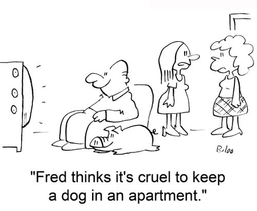 'Fred thinks it's cruel to keep a dog in an apartment.'