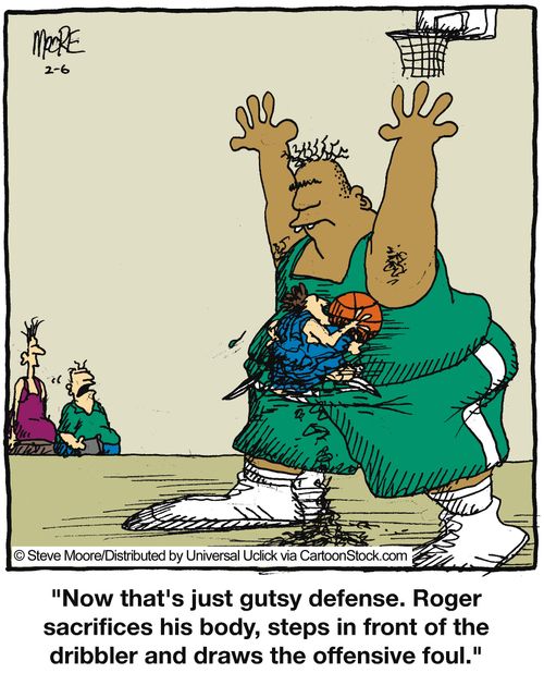 'Now that's just gutsy defense. Roger sacrifices his body, steps in front of the dribbler and draws the offensive foul.'