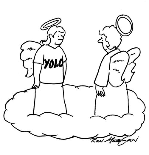 Angel wears t-shirt with logo: YOLO.