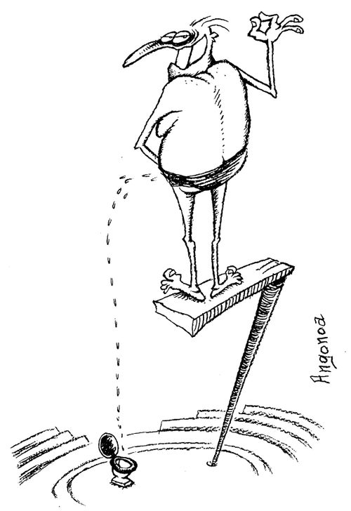 Man peeing from a high diving board into a toilet