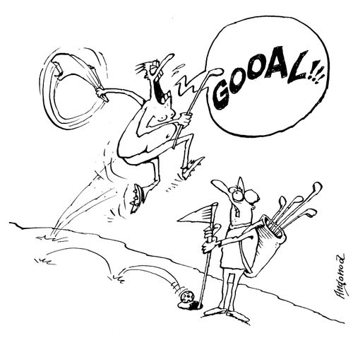 Football fan playing golf.