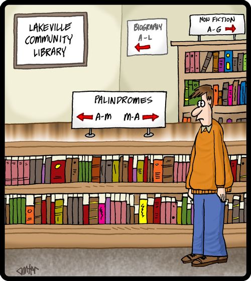 Library has a palindrome book section organized palindromically.