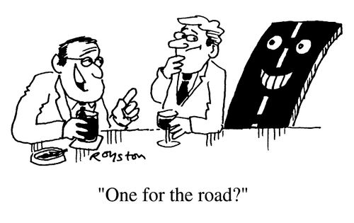 Men in bar and piece of road, "One for the road?"