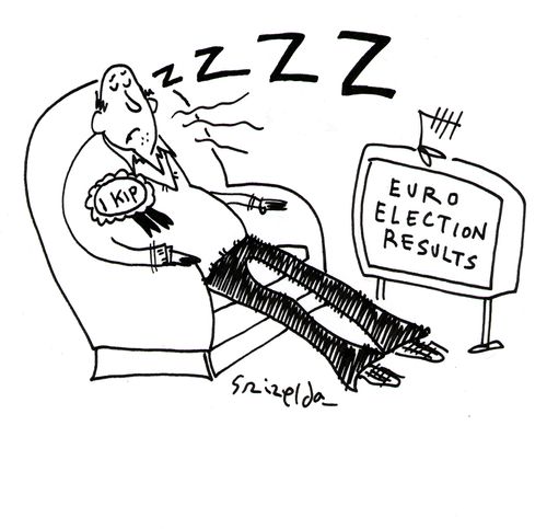 Man sleeping through Euro election results with 'I Kip' printed on rosette.