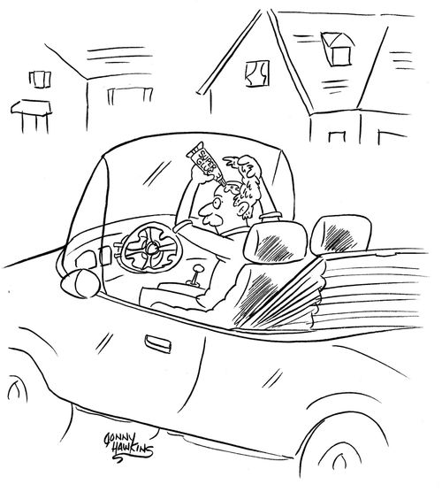 Man applying superglue to his toupee before driving in his convertible.