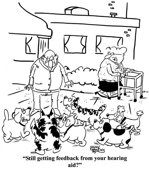 Older lady to husband surrounded by dogs: 'Still getting feedback from your hearing aid?'
