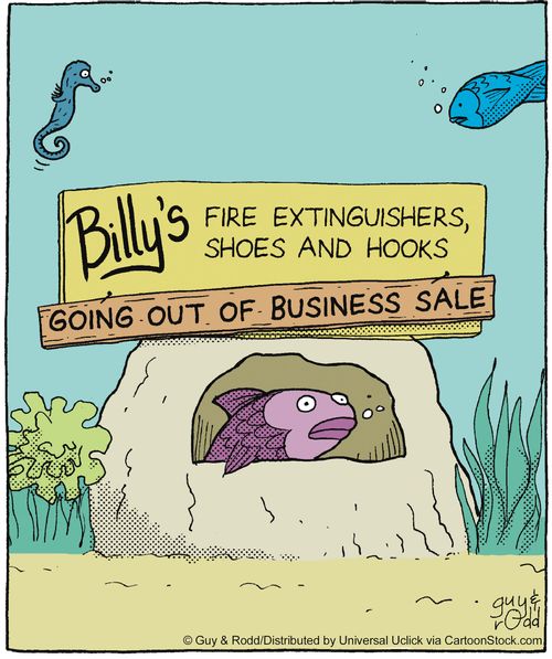 Billy's fire extinguishers, shoes and hooks - going out of business sale.