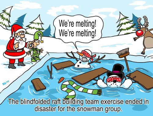 The blindfolded raft building team exercise ended in disaster for the snowman group.