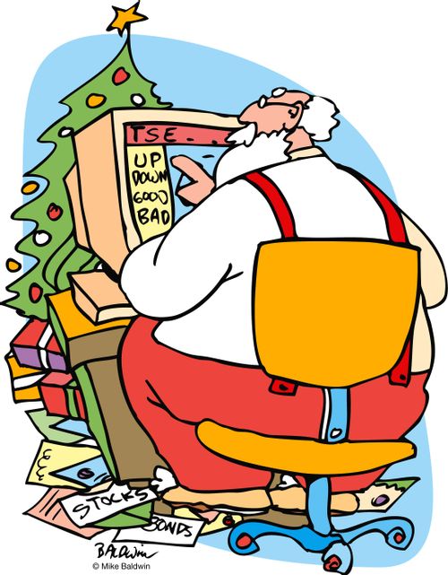 Santa using the stock exchange to keep track of stocks and bonds being good or bad as well as going up or down