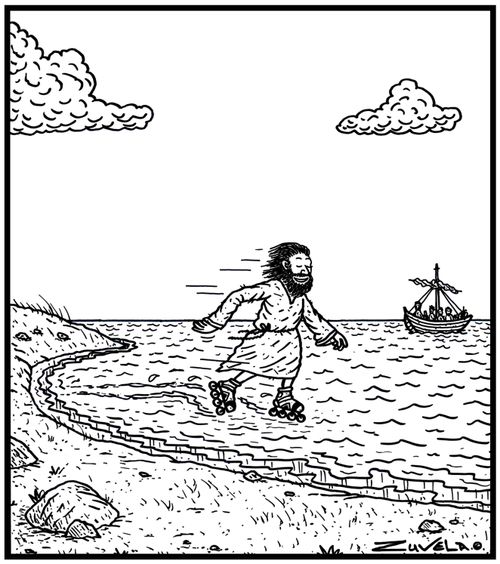 Jesus Rollerblading on water
