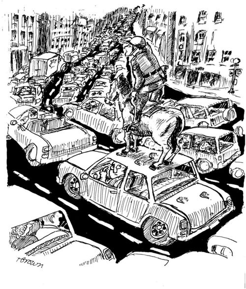 Police Officer Scouting the Traffic Jam.