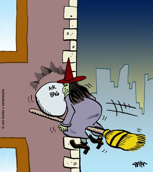 Witch crashes into building on her broom and safety airbag deploys.