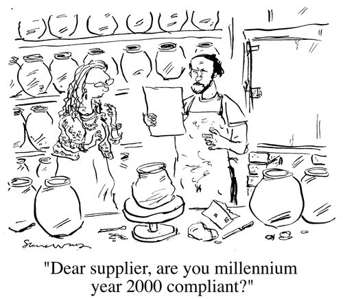 Old fashioned pottery makers recieve a letter "Dear supplier, are you y2k compliant"