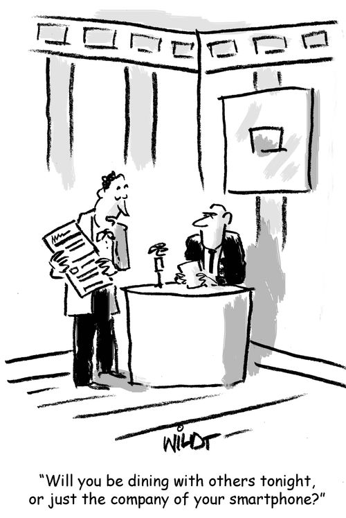 "Will you be dining with others tonight, or just the company of your smartphone?"