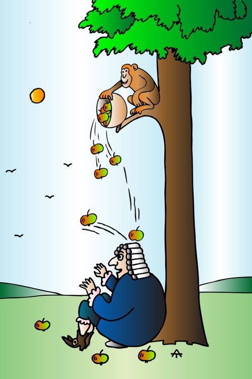 Monkey dropping apples on Newton's head.