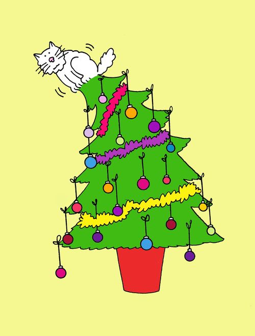 White cat on top of a Christmas tree.
