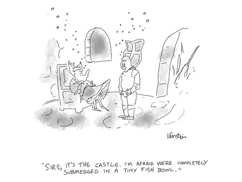 "Sire, it's the castle. I'm afraid we're completely submerged in a tiny fish bowl."