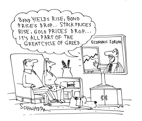 'Bond yields rise, bond prices drop...stock prices rise, gold prices drop..it's all part of the great cycle of greed.'